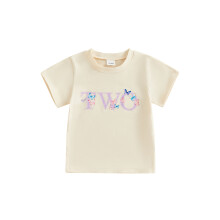 (18-24 Months, Beige) Dívčí narozeninové tričko s číslem, potiskem motýla a krátkým rukávem