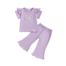 (12-18 Months, Purple) Completo estivo per bambina: pantaloni a zampa d'elefante e maglietta a maniche corte con ricamo, 2 pezzi.
