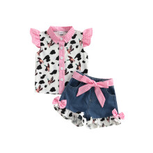 (3-4 Years, Green) Conjunto de verão 3 peças vaca menina: camisa bufante, shorts jeans com babados e cinto.