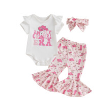 (6-12 Months, Pink) Conjunto de verão para meninas: macacão curto com estampa, calça flare e faixa de cabelo.