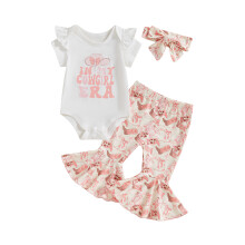 (3-6 Months, Beige) Conjunto de verão para meninas: macacão curto com estampa, calça flare e faixa de cabelo.