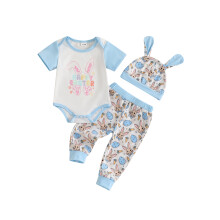 (3-6 Months, Sky Blue) Velikonoční oblečení pro chlapečka - overal s krátkým rukávem, kalhoty a čepice se zajíčky, 3dílná sada