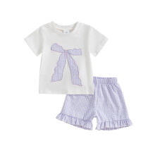 (12-18 Months, Purple) Conjunto de verão para bebê e menina com blusa bordada e shorts xadrez (2 peças).