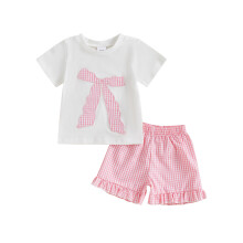 (6-12 Months, Pink) Conjunto de verão para bebê e menina com blusa bordada e shorts xadrez (2 peças).