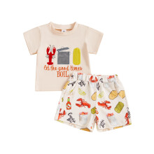 (5-6 Years, Beige) Conjunto de verano para niños, camiseta corta con cuello redondo y bordado, pantalones cortos con langostas.