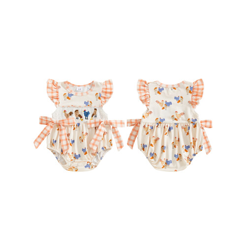 (6-12 Months, Apricot) Καλοκαιρινό κορμάκι με καρό σχέδιο, φιόγκο και μανίκια για μωρά 1