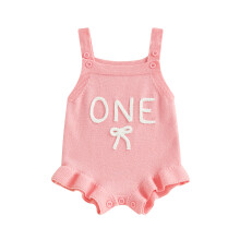(6-12 Months, Pink) Strickoverall für Babys zum Geburtstag, ärmellos, eckiger Ausschnitt, Buchstaben- und Schleifenstickerei