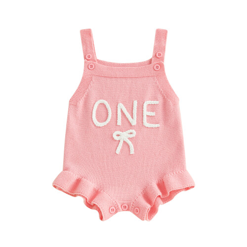 (6-12 Months, Pink) Πλεκτή φόρμα γενεθλίων και φιόγκο