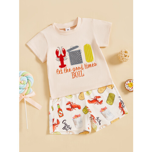 (6-12 Months, Beige) Παιδικό καλοκαιρινό ντύσιμο, στάμπα αστακού. 2