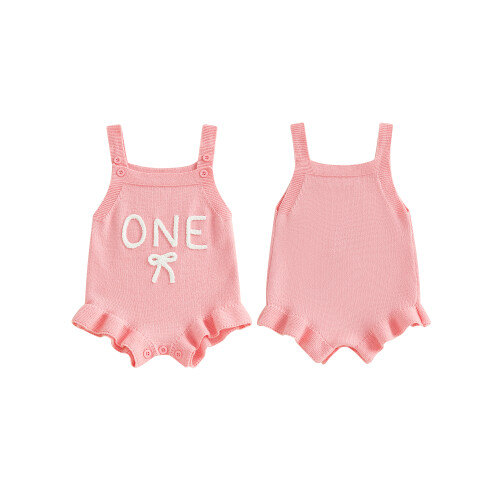 (6-12 Months, Pink) Πλεκτή φόρμα γενεθλίων και φιόγκο 1