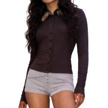 (XL, Chocolate) Women Furry Collared Cardigan Slim Fit Long Sleeve Button-up Ribbed Knit Tops for Spring Fall
