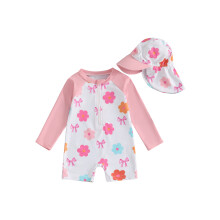 (1-2 Years, Pink Floral) Dívčí plavky s dlouhým rukávem, potisk květin, poloviční zip, rashguard, sluneční klobouk