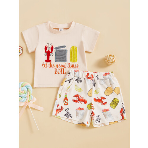 (3-4 Years, Beige) Παιδικό καλοκαιρινό ντύσιμο, στάμπα αστακού. 2