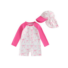 (2-3 Years, Pink Bow) Dívčí plavky s dlouhým rukávem, potisk květin, poloviční zip, rashguard, sluneční klobouk