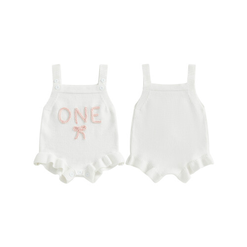 (12-18 Months, White) Πλεκτή φόρμα γενεθλίων και φιόγκο 1
