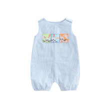 (6-12 Months, Blue) Tutine per neonati e bambini, abbigliamento pasquale, a righe con coniglietto ricamato, body estivi senza maniche.