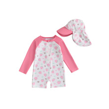 (3-6 Months, Pink Strawberry Bow) Dívčí plavky s dlouhým rukávem, potisk květin, poloviční zip, rashguard, sluneční klobouk