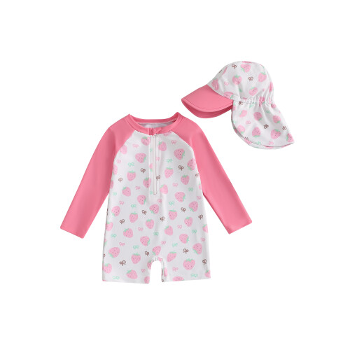 (3-4 Years, Pink Strawberry Bow) Μαγιό νήπια με με καπέλο