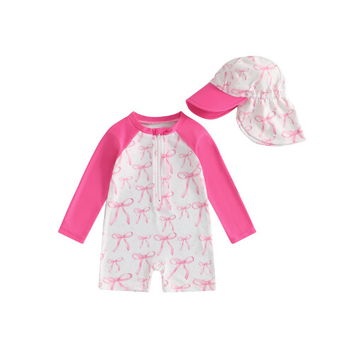 (6-12 Months, Pink Bow) Μαγιό νήπια με με καπέλο