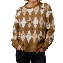 (M, Khaki) Women's Autumn Winter Knit Sweater Long Sleeve Round Neck Bow Decor Plaid Knitwear Tops