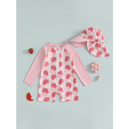 (1-2 Years, Pink Strawberry) Μαγιό νήπια με με καπέλο 2
