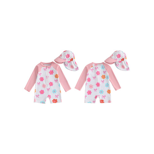 (1-2 Years, Pink Floral) Μαγιό νήπια με με καπέλο 1