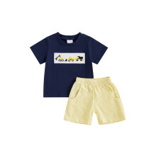 (6-12 Months, Yellow) Sada kraťasů pro miminka a chlapečky, tričko s krátkým rukávem a výšivkou traktoru, 2 kusy, letní outfit