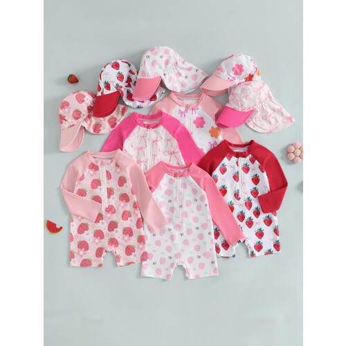 (3-4 Years, Pink Strawberry) Μαγιό νήπια με με καπέλο 2
