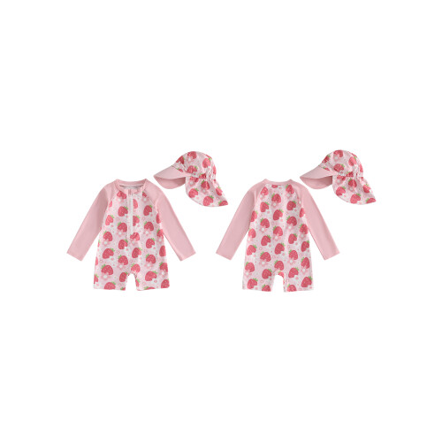 (3-6 Months, Pink Strawberry) Μαγιό νήπια με με καπέλο 1