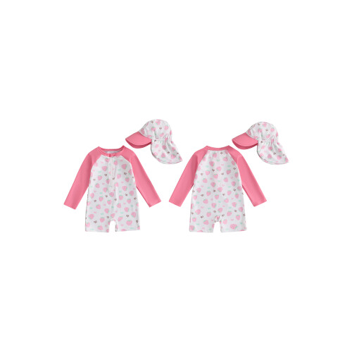 (3-4 Years, Pink Strawberry Bow) Μαγιό νήπια με με καπέλο 1