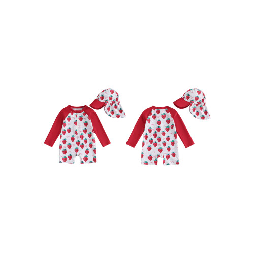 (3-6 Months, Red Strawberry Bow) Μαγιό νήπια με με καπέλο 1