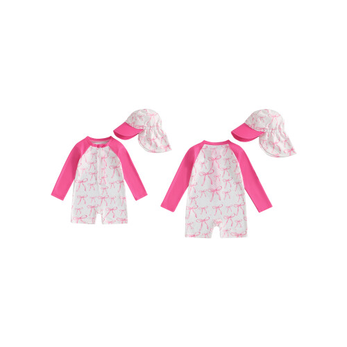 (3-4 Years, Pink Bow) Μαγιό νήπια με με καπέλο 1