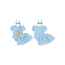 (6-12 Months, Blue) Conjunto de 3 peças para bebê menina: body, saia e faixa de cabelo com estampa de coelho para a Páscoa.