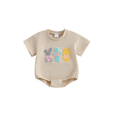 (12-18 Months, Khaki) Baba húsvéti nyuszi tojás hímzés rövid ujjú újszülött jumpsuit fiúknak lányoknak aranyos ruhák