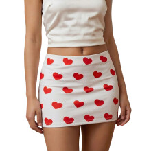 (S, White) Women's Valentine's Day Mini Skirts High Waist Heart Print Skirt for Daily, Travel, Parties
