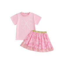 (2-3 Years, Pink) Conjunto infantil feminino: camiseta com laço e gola redonda, saia de tule. Ideal para o verão.