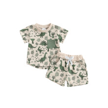 (18-24 Months, Khaki) Conjunto de verano 2 piezas niño: camiseta corta y pantalones cortos con estampado de dinosaurios.