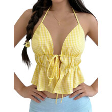 (L, Yellow) Women's Halter Neck Tops Sleeveless Open Back Plaid Print Slim Fit Ruffle Cami Tops Summer Shirts