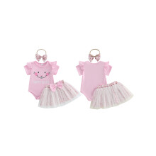 (3-6 Months, Pink) Conjunto de 3 peças para bebê menina: body, saia e faixa de cabelo com estampa de coelho para a Páscoa.