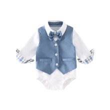 (3-6 Months, Blue) Completo neonato: tutina maniche lunghe a quadri con gilet e polsini.