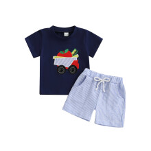 (2-3 Years, Blue) Zomeroutfit voor peuterjongens: topje met ronde hals en korte mouwen, appelborduurwerk, gestreept shortje.