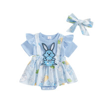 (3-6 Months, Blue) Oster-Strampler für Babys und Mädchen, kurzärmelig, mit Hasen- und Eierprint und passendem Haarband