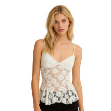 (S, White) Women Lace Camisole Slim Flower See Through V Neck Spaghetti Strap Ruffled Shirts Stylish Elegant Summer Streetwear
