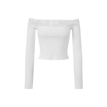 (L, White) Women Off The Shoulder Crop Tops Slim Fit Sheer Lace Floral Patchwork Long Sleeve T Shirts Streetwear