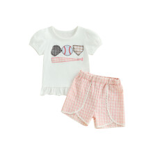 (3-6 Months, Pink) Conjunto de verão para bebê: blusa bufante com babados e shorts xadrez com renda. Conjunto de duas peças.