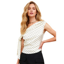 (L, Ivory White) Women Tank Tops Off One Shoulder Sleeveless Dot Print Ruched Summer Crop Going Out Vest