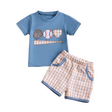 (2-3 Years, Blue) Conjunto de verão 2 peças: camiseta bordada de beisebol e shorts xadrez para bebê e criança.