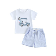 (18-24 Months, White) Conjunto de verão infantil: camiseta de manga curta com bordado de carrinho de golfe e shorts listrados.