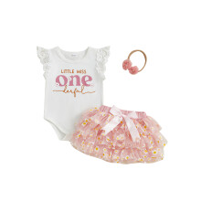 (6-12 Months, White) Conjunto 3 peças aniversário bebê menina: body bufante, saia de tule e faixa floral.