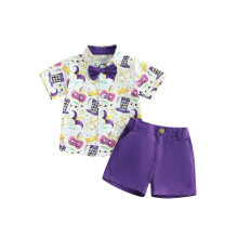 (6-12 Months, White) Conjunto de 3 peças para bebê: shorts, camisa de manga curta com estampa de coroa e gravata borboleta.